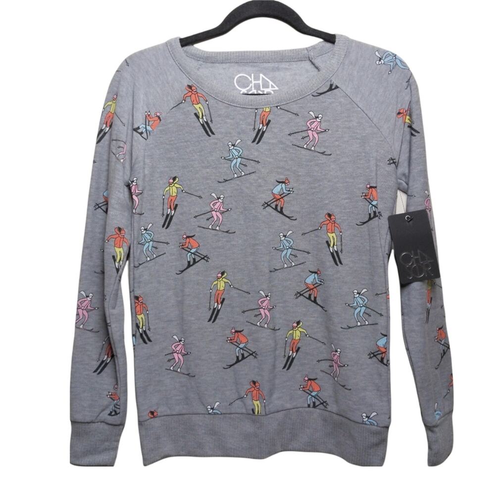Chaser Knit Top in Vintage Ski Print Heather Gray Crew Neck Long Sleeves S New